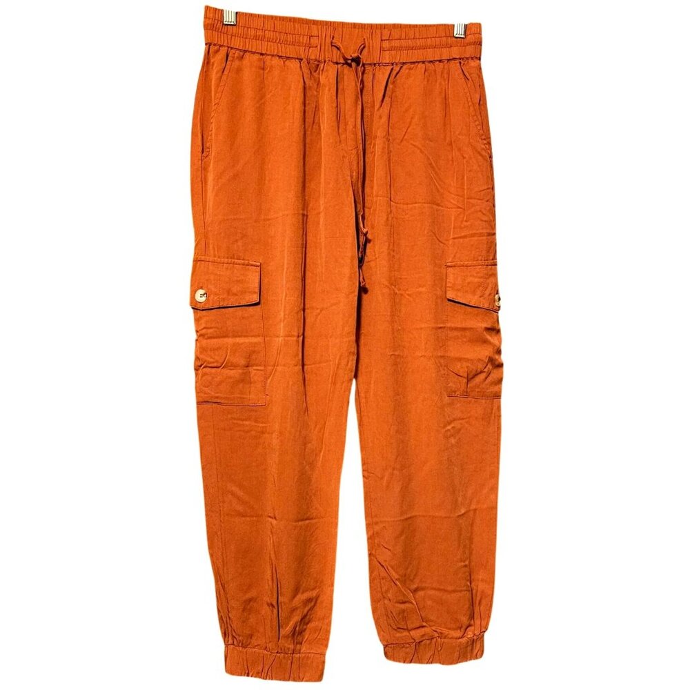 Womens Rust Cargo Pants By Dress Forum L Tencel Elastic Waist Drawstring Pockets - Picture 3 of 10